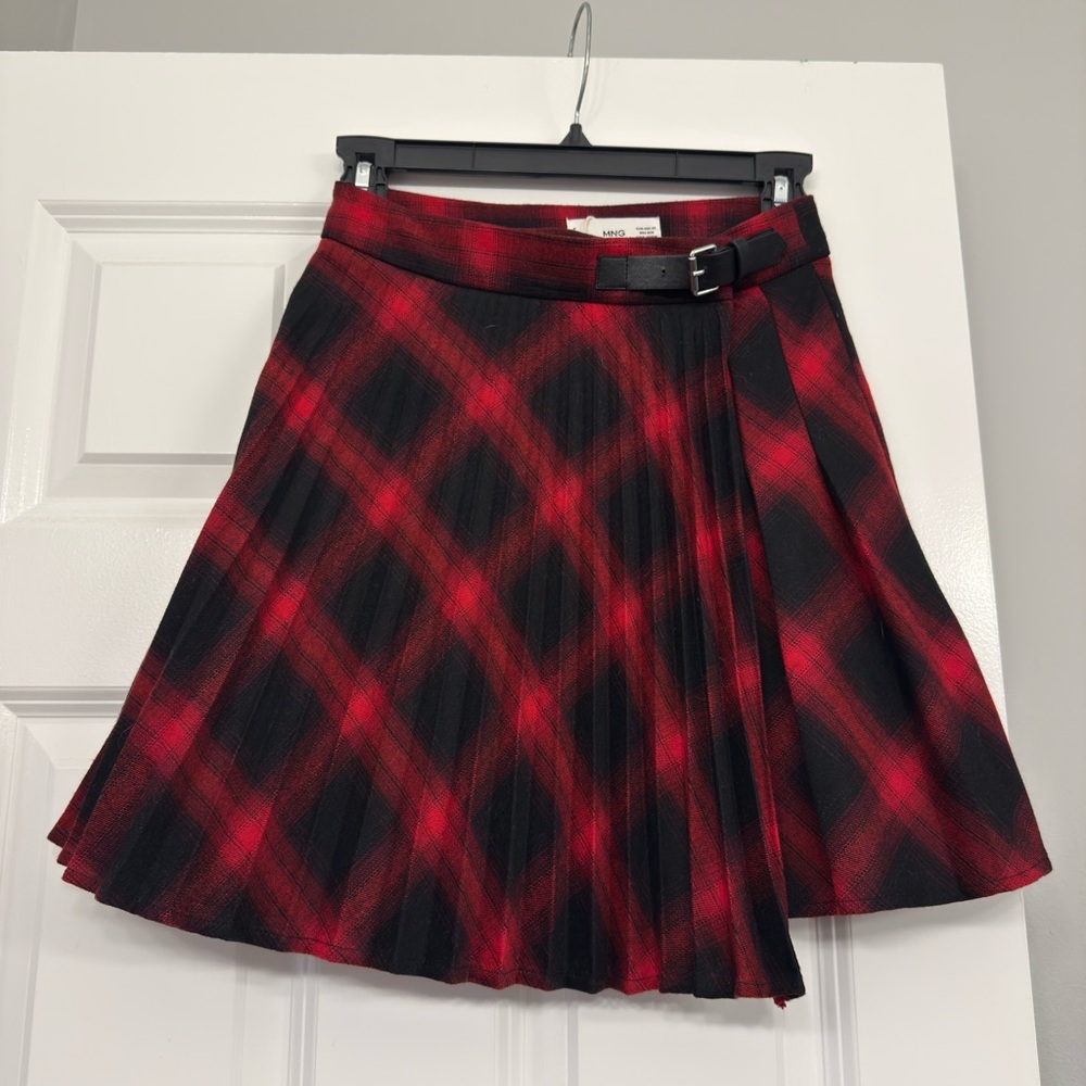 Mango Red and Black Plaid Skater Skirt